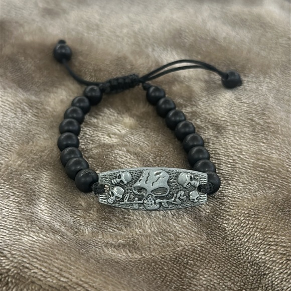 Other - Black Beaded Bracelet with Silver Skull Accent